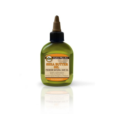 Green plastic bottle with a brown dropper top, labeled "Shea Butter Oil" in yellow and black, containing 2.5 oz of premium natural hair oil.