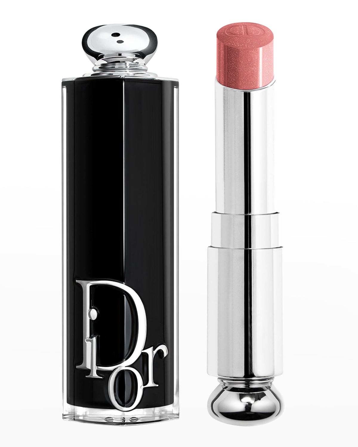 DIOR High Shine Hydrating Lipstick in a sleek black tube with silver accents, featuring a soft nude shade with a subtle shimmer finish.