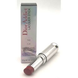 Dior Addict Lacquer Stick in shade 740 Club, featuring a sleek silver tube and a vibrant burgundy lipstick, alongside a stylish box with iridescent accents.