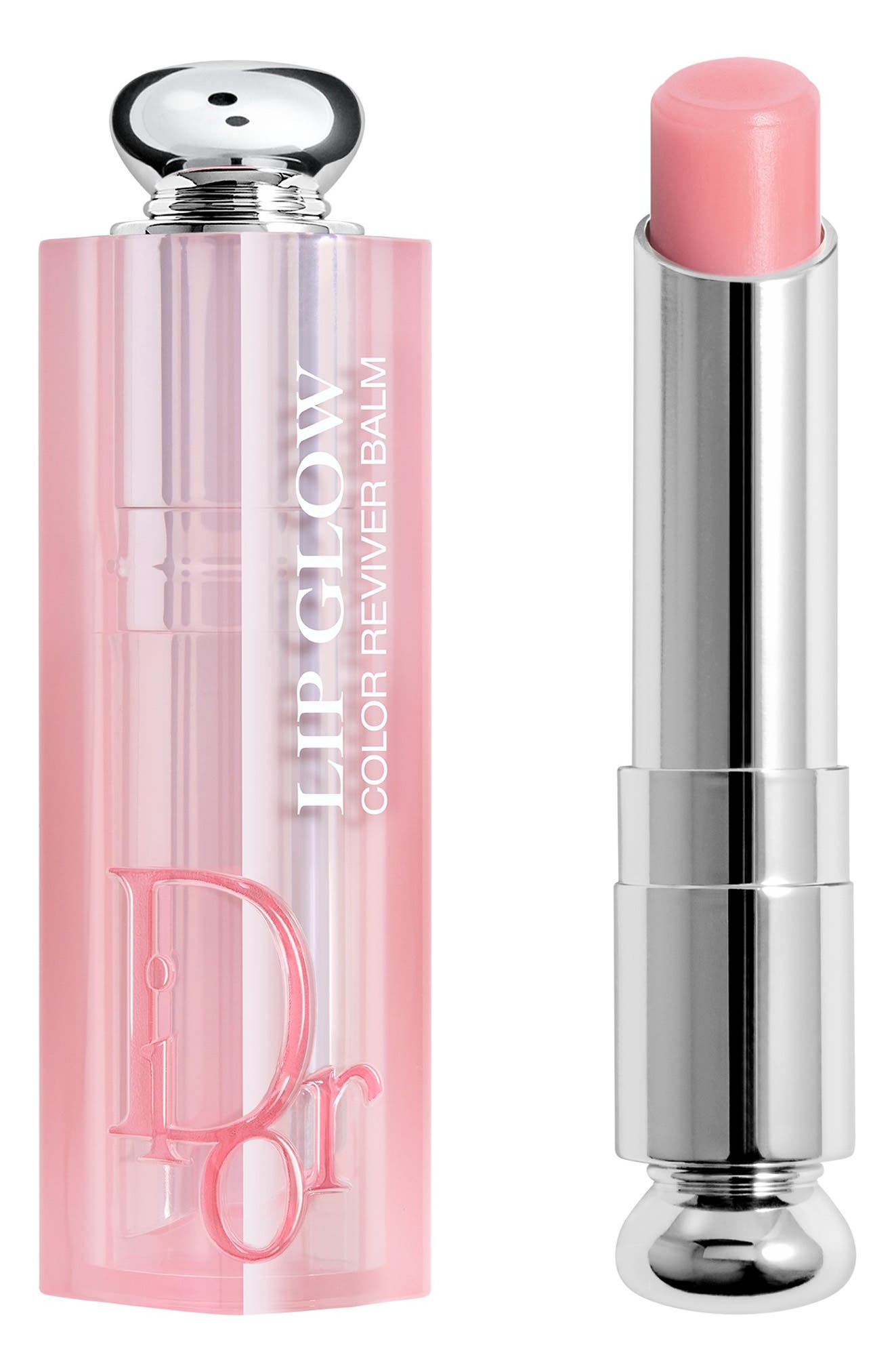 Christian Dior's Dior Addict Lip Glow Reviving Lip Balm in #001 Pink, featuring a sleek pink tube with silver accents and a soft pink balm, presented in a seasonal set box.
