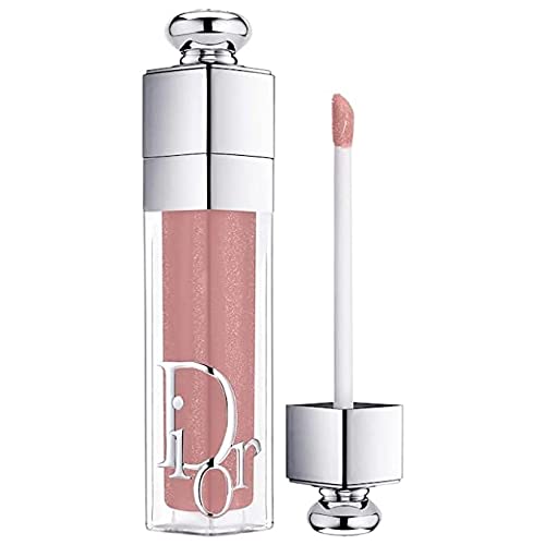 Dior Addict Lip Maximizer in shade 013 Beige features a clear, rectangular tube with a silver cap, showcasing a soft pink gloss and a white applicator wand.