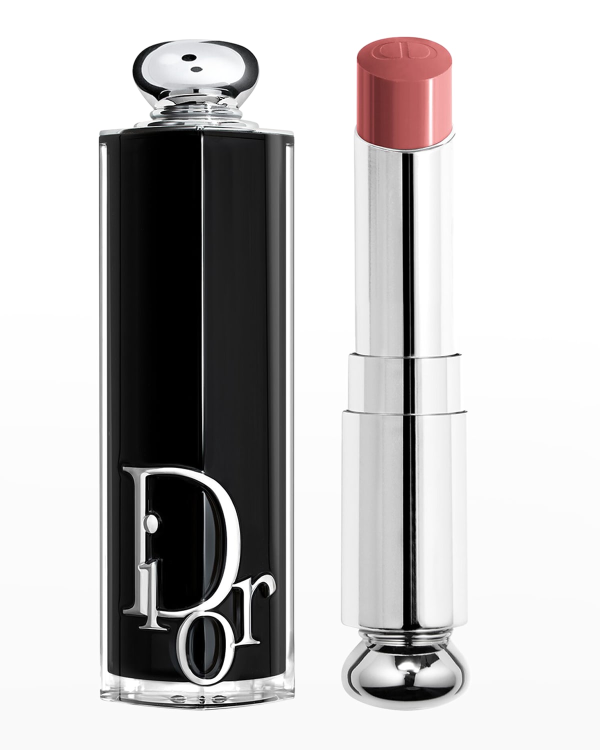 Dior Addict Refillable Shine Lipstick features a sleek black tube with a silver logo and a removable bullet in a soft pink shade.
