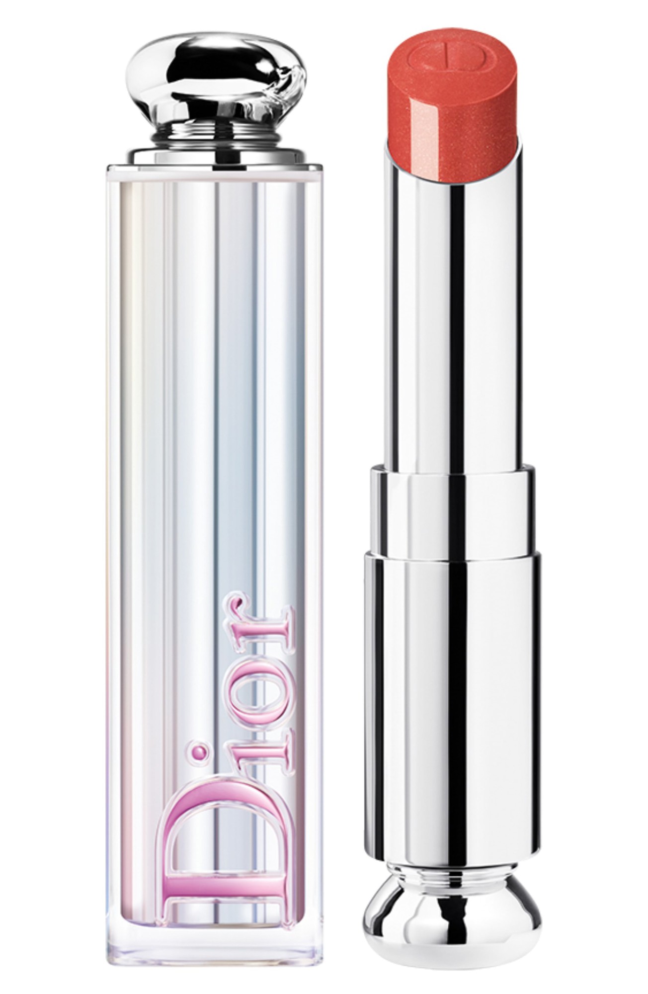 Christian Dior Addict Stellar Shine Lipstick in shade 649 Diorosphere, featuring a sleek silver tube with a reflective, iridescent finish and a soft coral-pink bullet.