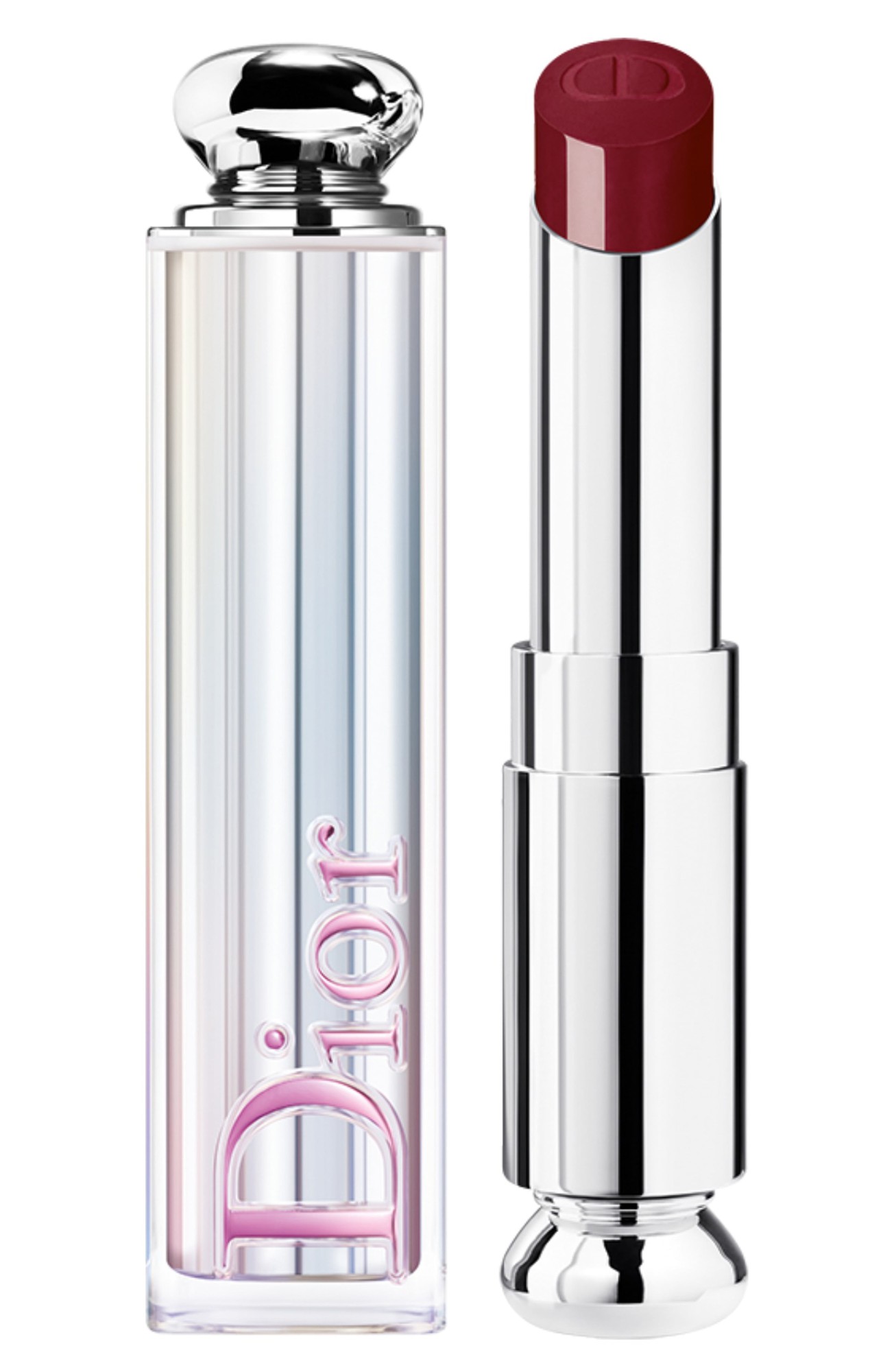 Dior Addict Stellar Shine Lipstick in shade Red 987, featuring a sleek silver bullet and a gradient iridescent casing with the "Dior" logo prominently displayed.