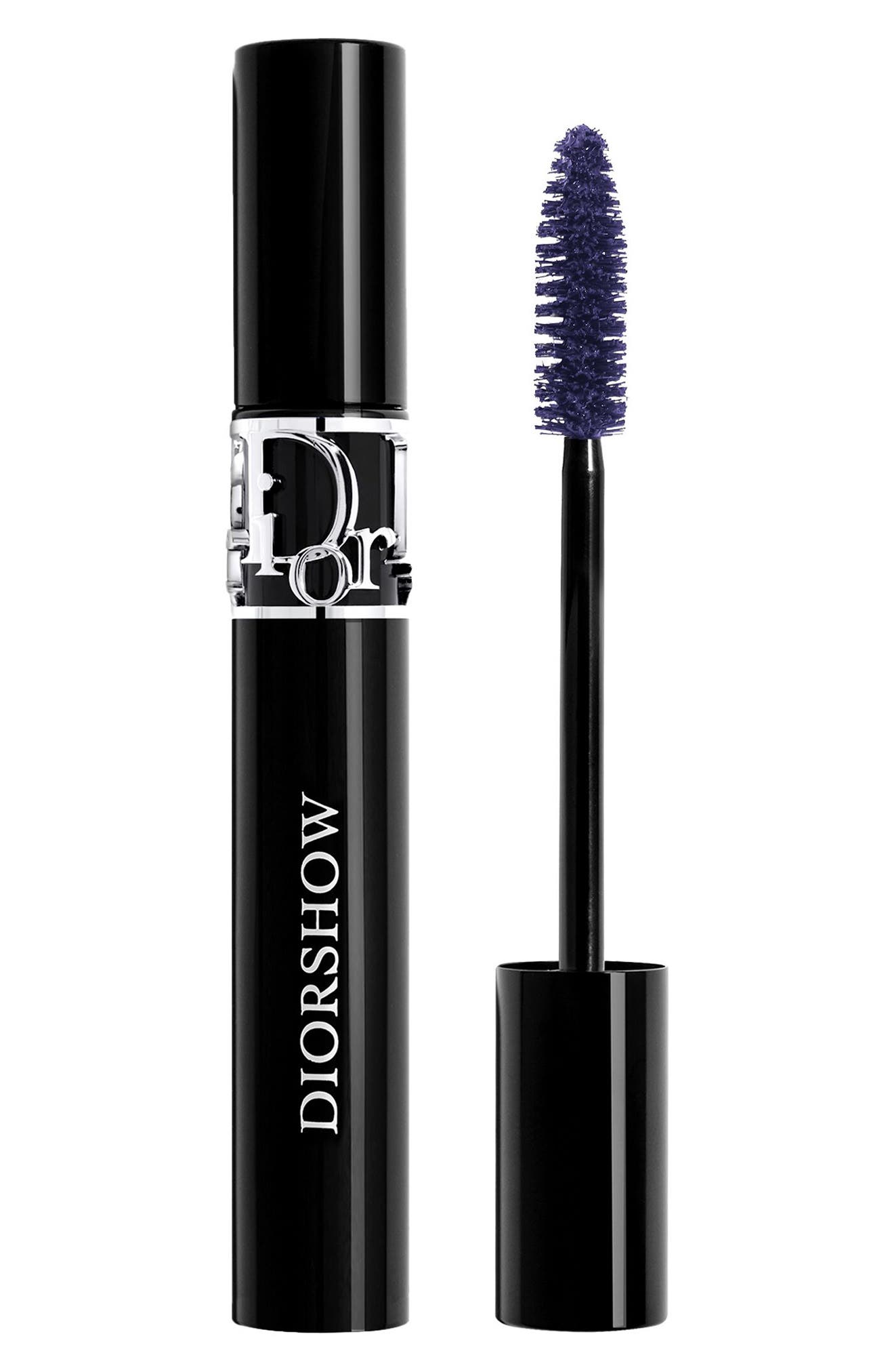 Black cylindrical mascara tube with silver logo, accompanied by a purple-bristled wand, showcasing the "Dior - Diorshow - Mascara - 288 Blue" product.