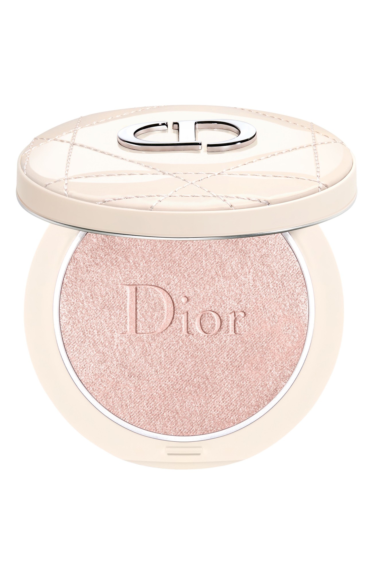 Dior Forever Couture Luminizer Highlighter in a round compact, featuring a soft pink shimmering powder with the "Dior" logo embossed, housed in a cream quilted case with a silver emblem.