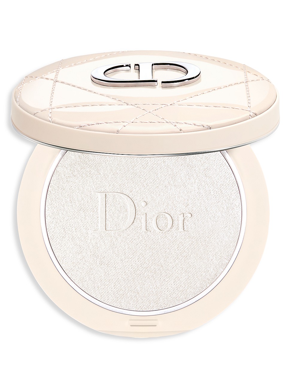 Dior Forever Couture Luminizer in a round, cream-colored compact featuring a quilted design, with a shimmering white highlighting powder and embossed "Dior" logo.