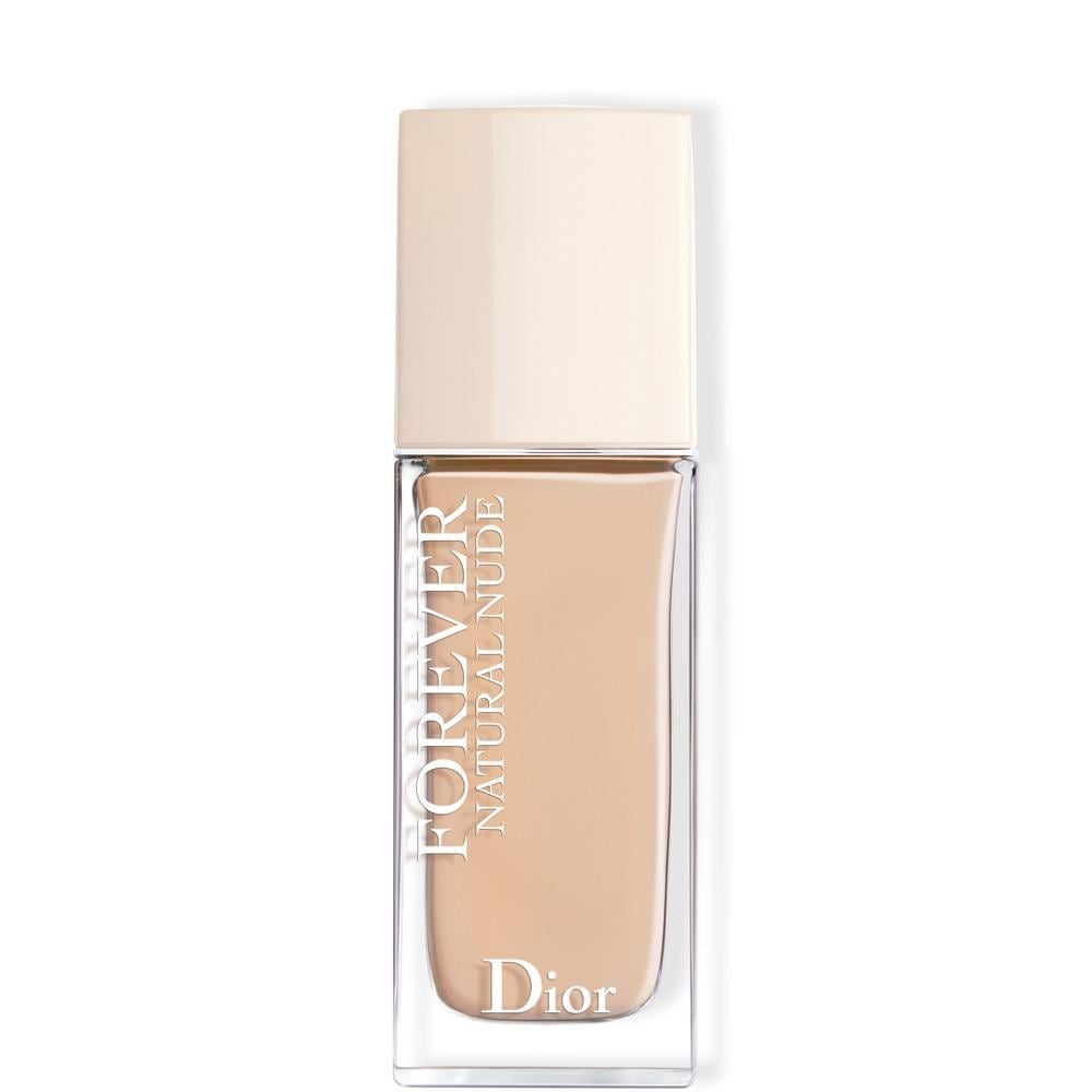 Dior Forever Natural Nude foundation in shade 2N Neutral, featuring a sleek glass bottle with a beige cap and clear body, showcasing the light beige liquid inside.