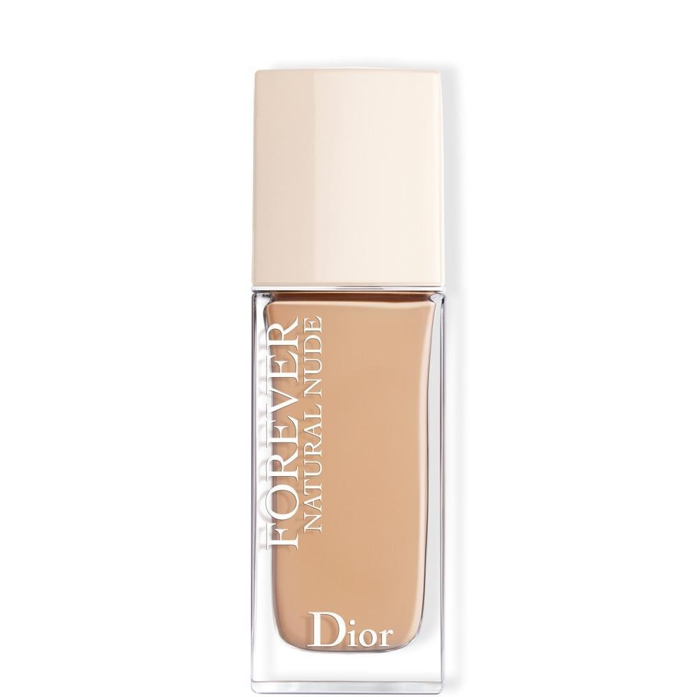 Dior Forever Natural Nude foundation in a clear glass bottle with a beige cap, showcasing a light beige liquid inside, labeled prominently with "FOREVER" and "Dior."