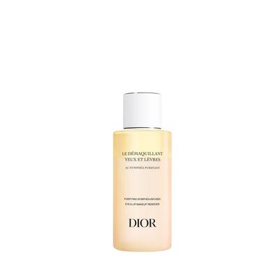 Dior Eye & Lip Makeup Remover in a 125ml transparent bottle with a light yellow liquid, featuring a sleek design and a white cap, labeled with elegant black text.