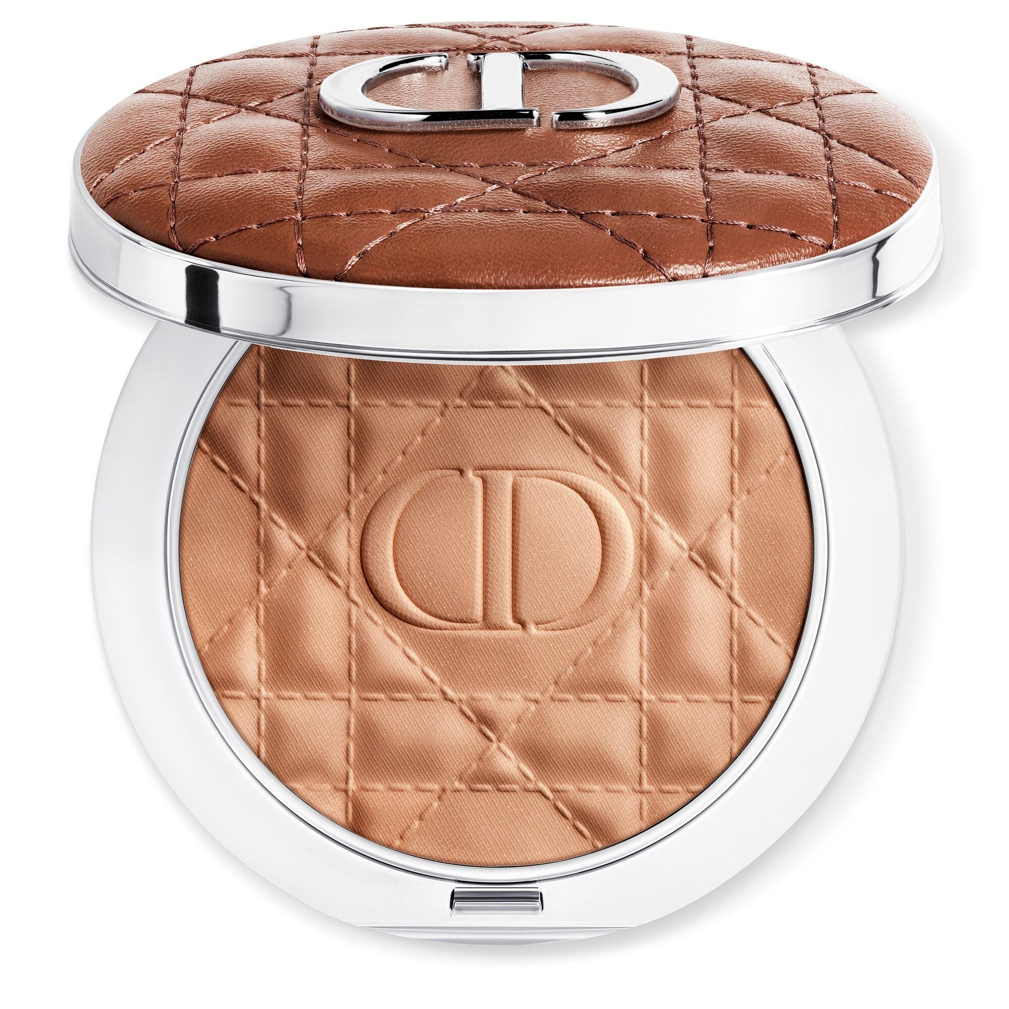 DIOR Forever Nude Bronze Glow in Brown features a quilted brown leather top with a silver logo, showcasing a smooth bronzer compact with an embossed "CD" design.