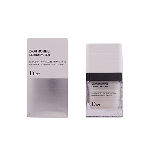 White rectangular box with silver accents, featuring "DIOR HOMME DERMO SYSTEM" in bold text, alongside a sleek, transparent bottle with a black cap, containing 50ml of moisturising emulsion.