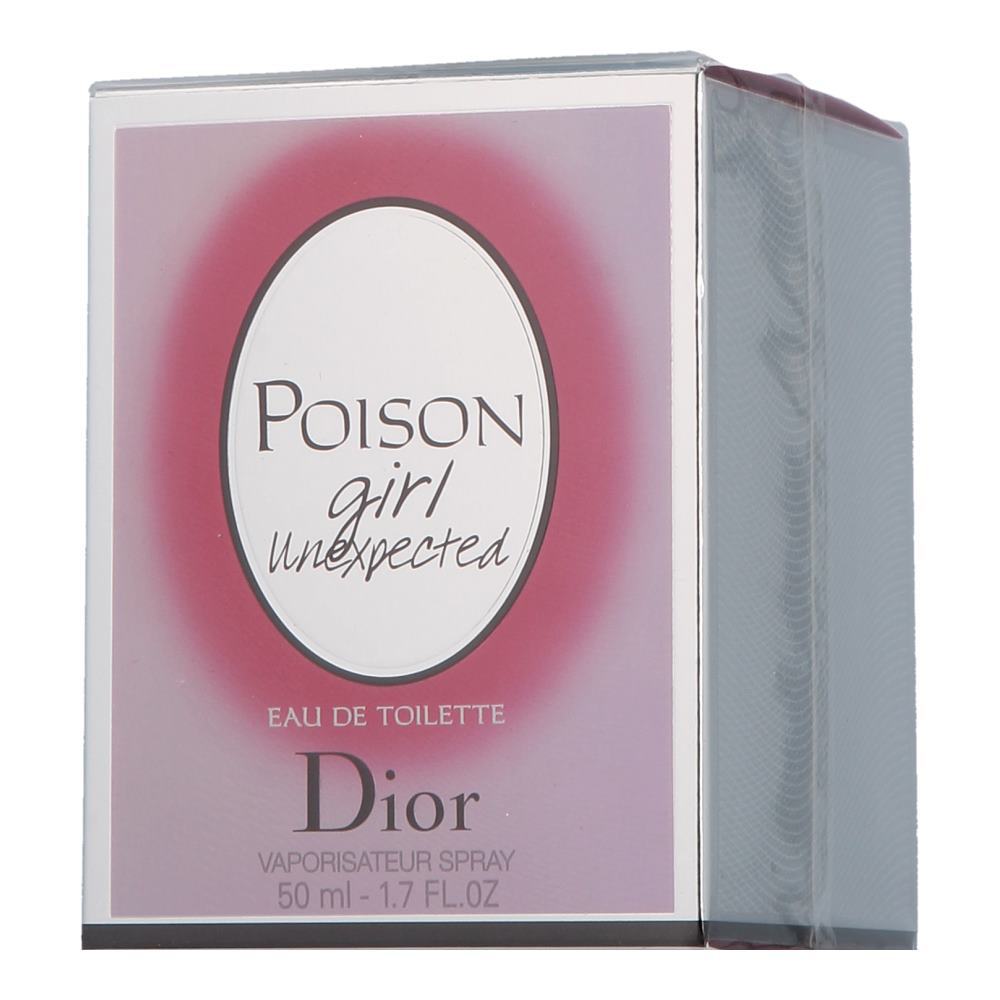 Pink and purple box with a white oval label reading "Poison Girl Unexpected Eau De Toilette" and "Dior," featuring elegant typography and a sleek design.