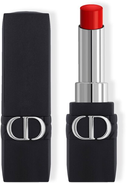 Dior Forever Stick in vibrant 999 Red, featuring a sleek black case with a silver CD logo and a shiny silver bullet, showcasing a bold, creamy lipstick finish.