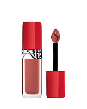 Dior Rouge Dior Ultra Care Liquid Lipstick in a sleek glass tube with a bold red cap, featuring a doe-foot applicator and a soft beige shade.