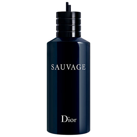 Dark blue refill bottle for DIOR Sauvage Eau De Toilette, featuring a sleek design, black cap, and bold white lettering on the front.