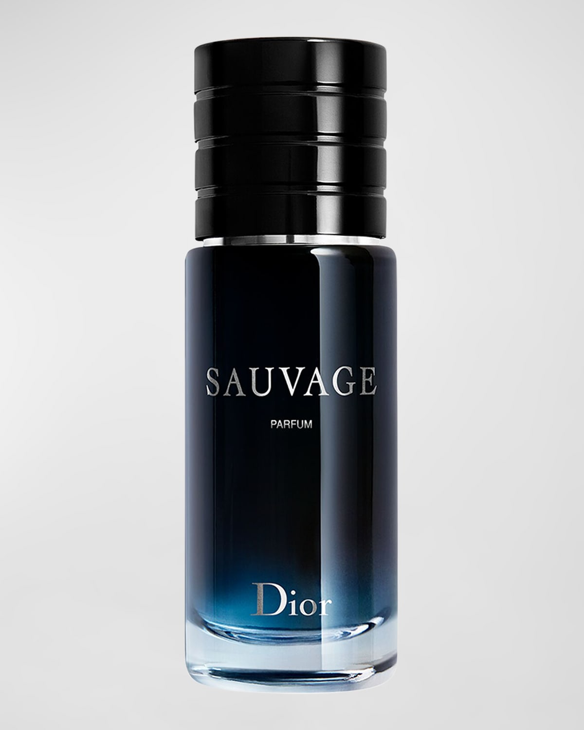 Dior Sauvage Parfum bottle features a sleek, dark blue gradient design with a black cap, labeled "SAUVAGE PARFUM" prominently on the front, and is refillable.