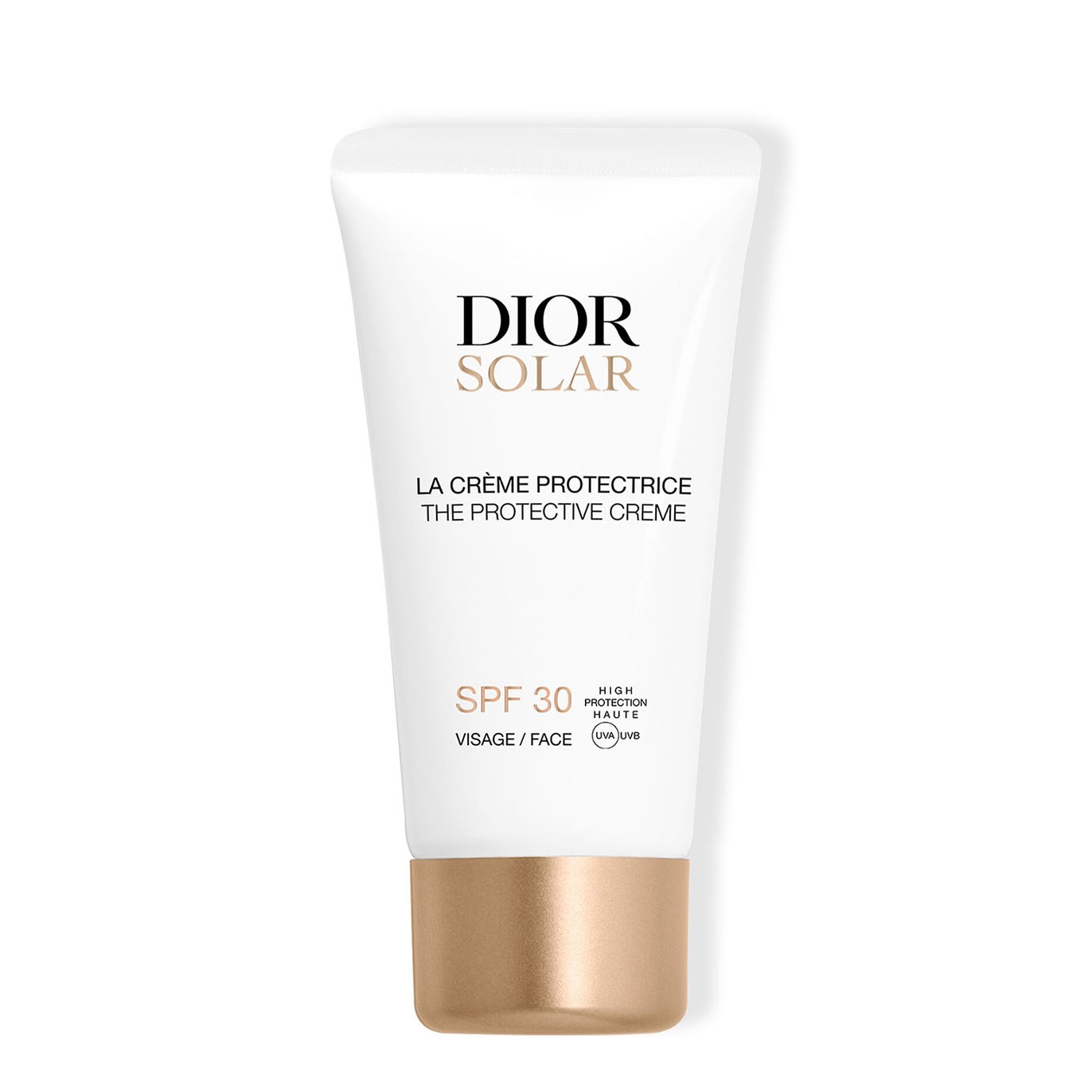 White tube with gold accents, labeled "DIOR Solar" and "The Protective Crème SPF 30," featuring a sleek design suitable for facial sun protection.