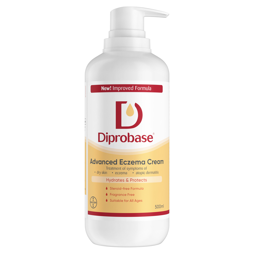 White plastic bottle of Diprobase Advanced Eczema Cream, featuring a pump dispenser, yellow and orange label, and text highlighting it's fragrance-free and suitable for all ages.