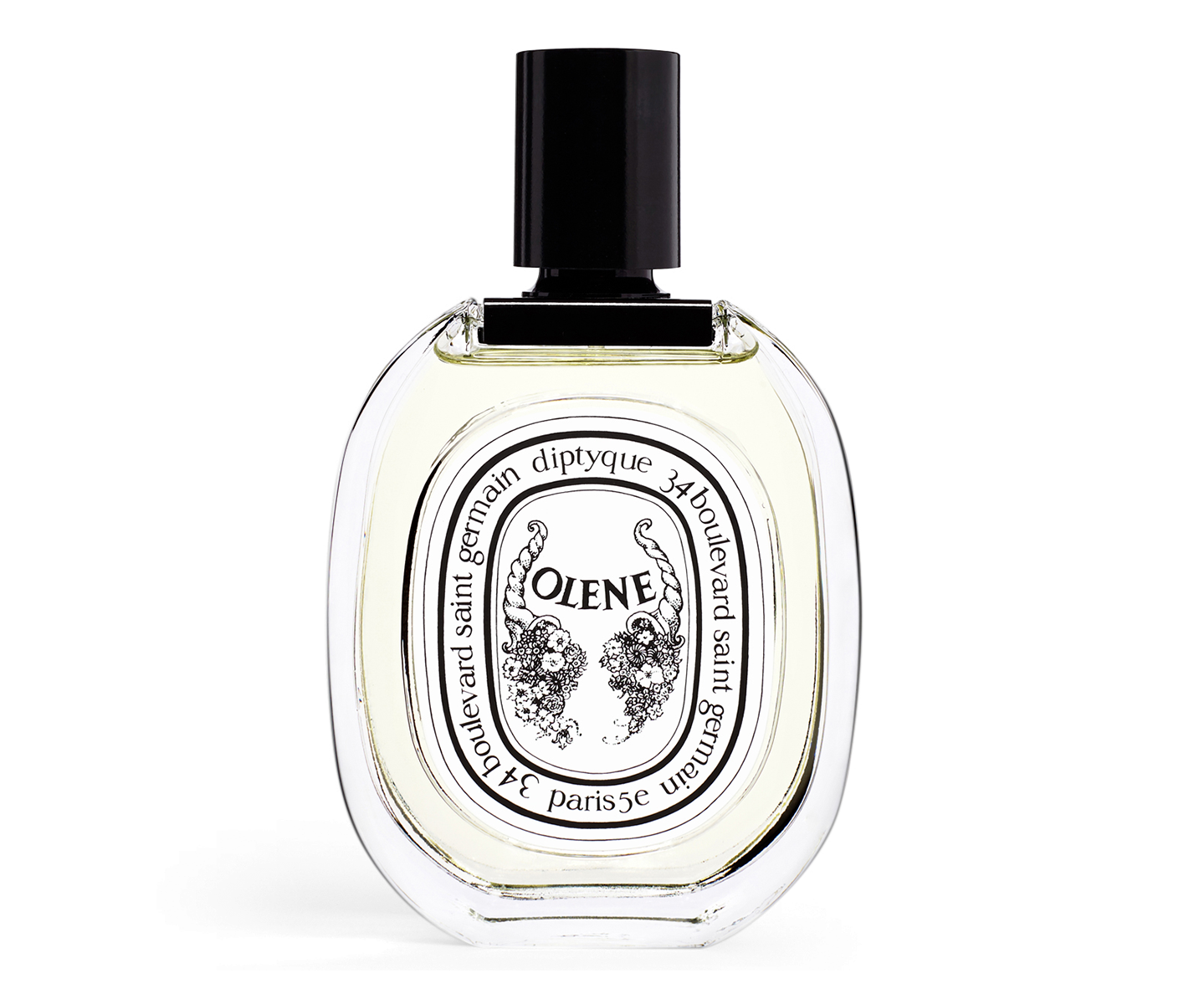 Clear glass bottle of Diptyque's "Olène" Eau De Toilette, featuring a black and white label with floral designs and an elegant, minimalist shape.