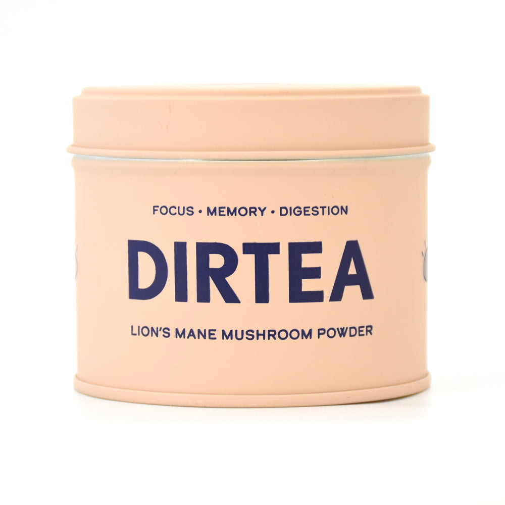 Beige tin container of Dirtea Pure Powders Lion's Mane Mushroom Extract Powder, labeled with "DIRTEA" in bold navy letters, emphasizing focus, memory, and digestion.