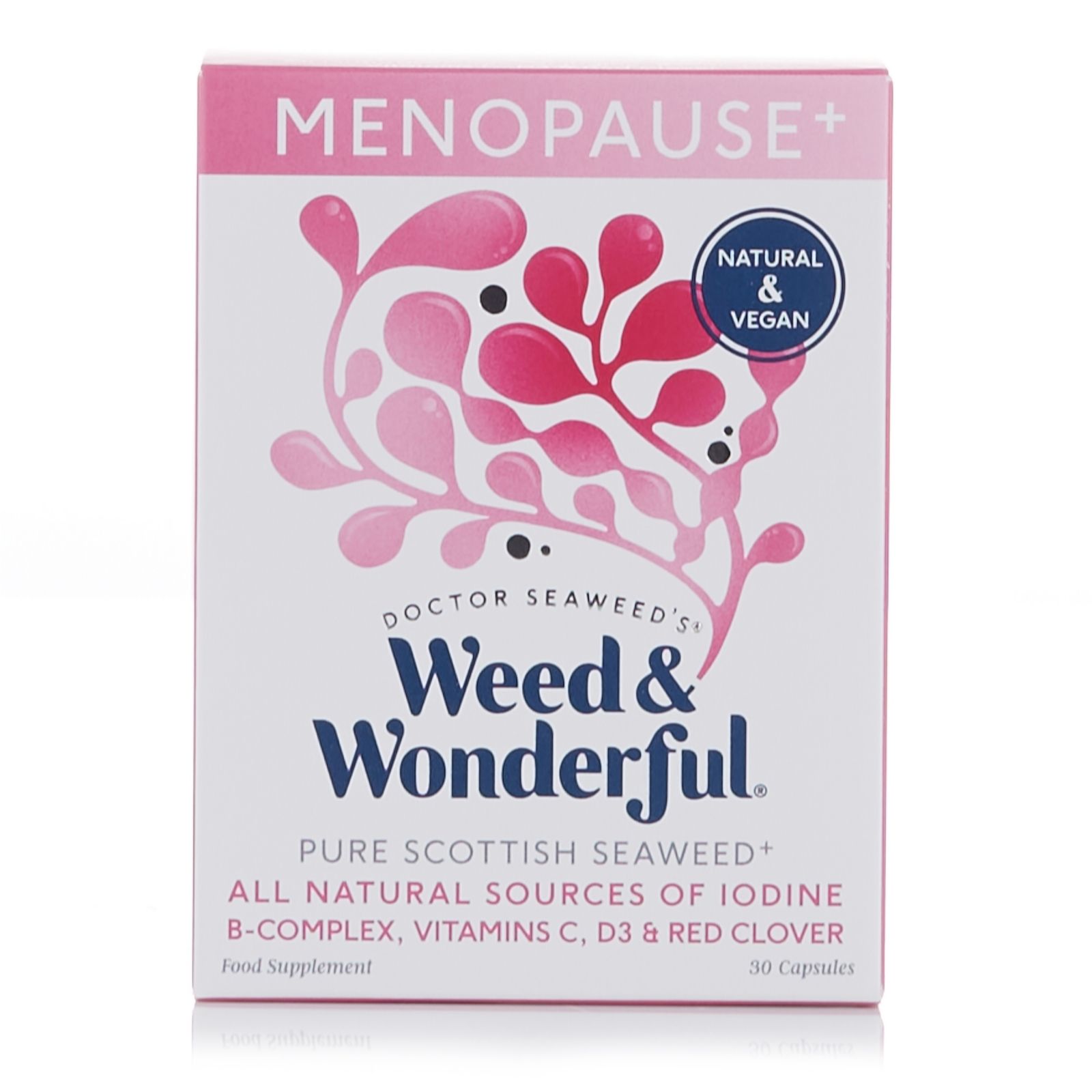 Pink and white box labeled "Menopause+," featuring a vibrant seaweed design, with text highlighting natural ingredients and vegan certification, containing 30 capsules.