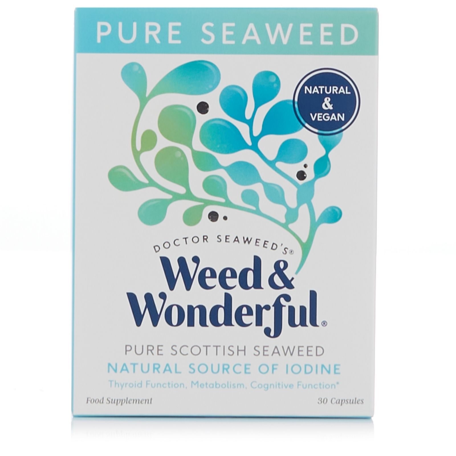Light blue box featuring "Doctor Seaweed Pure Seaweed" branding, with green and blue seaweed graphics, and text highlighting natural, vegan, and iodine benefits, containing 30 capsules.