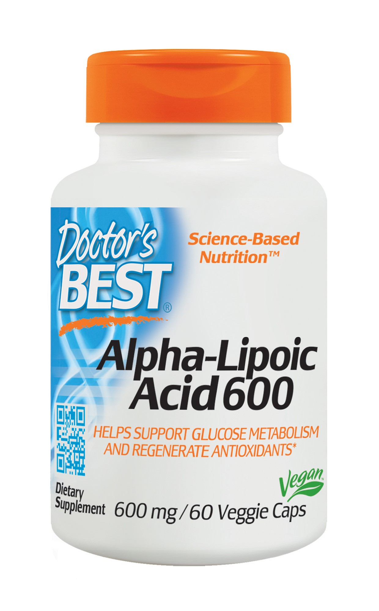 White bottle with a bright orange cap, labeled "Doctor's Best, Alpha-Lipoic Acid 600, 600 mg, 60 Veggie Caps," featuring blue and orange text and a QR code.