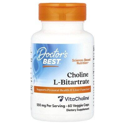 White bottle with a blue and orange label, labeled "Doctor's Best Choline L-Bitartrate," featuring "550 mg" and "60 Veggie Caps" prominently, emphasizing dietary supplement benefits.