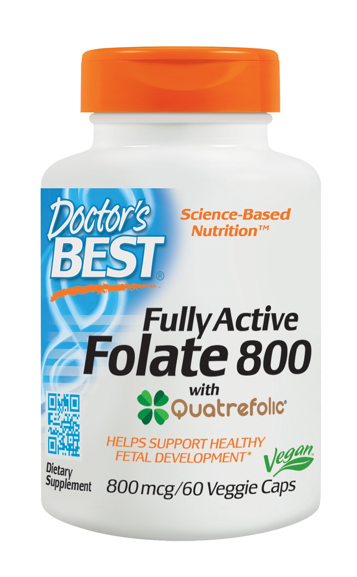 White bottle with an orange cap labeled "Doctor's Best Fully Active Folate 800 Mcg," featuring a green clover logo and text highlighting vegan and dietary supplement details.