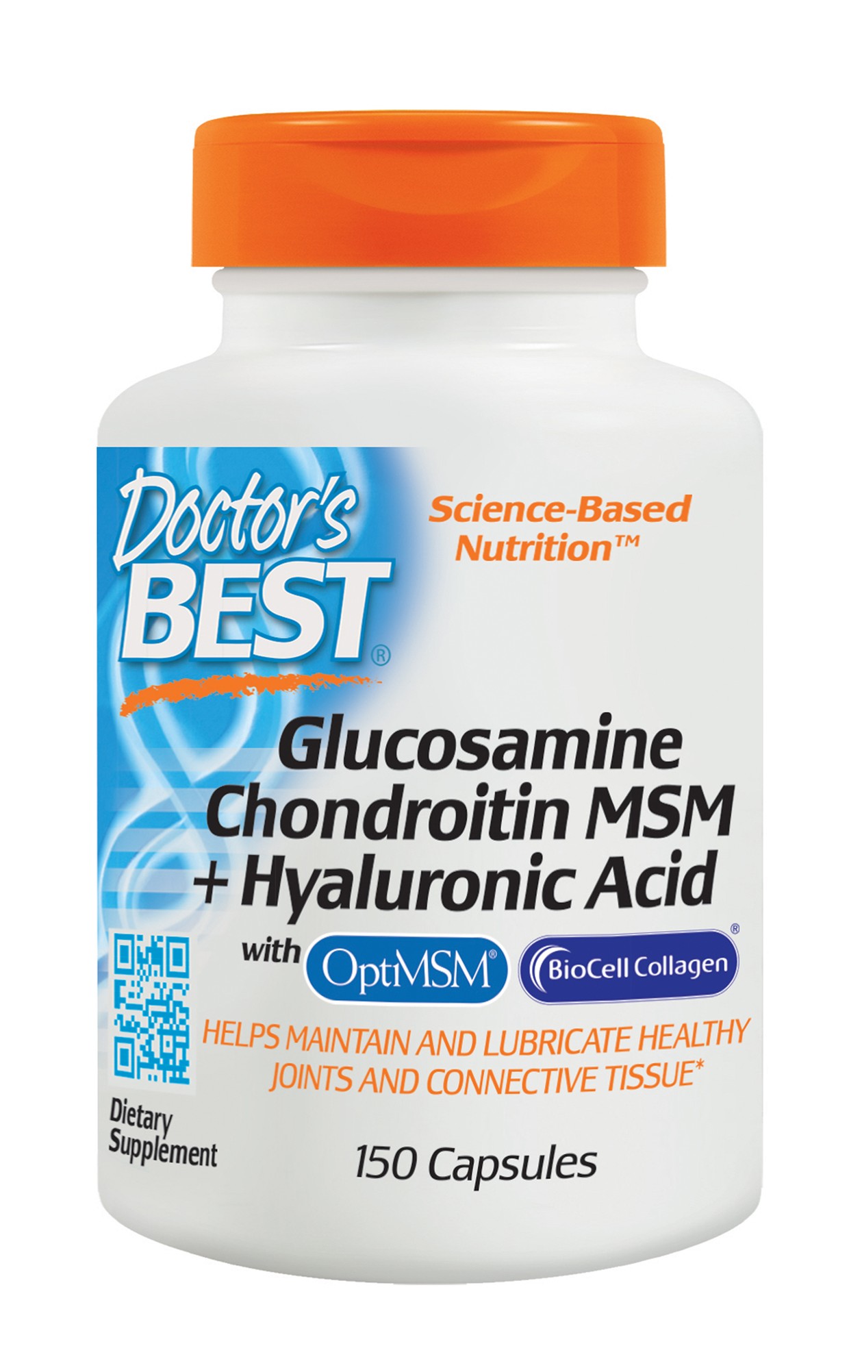 White bottle with a blue and orange label, featuring "Doctor's Best" logo, contains 150 veggie capsules labeled "Glucosamine Chondroitin MSM + Hyaluronic Acid" with a QR code and supplement information.