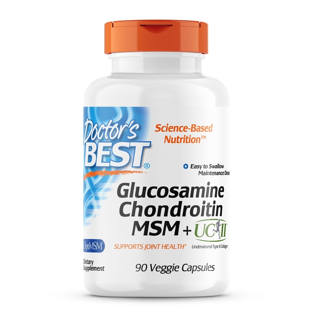 White bottle with a blue and white label, featuring "Doctor's Best" logo, and text indicating "Glucosamine, Chondroitin, MSM + UC-II Supplement," containing 90 veggie capsules.