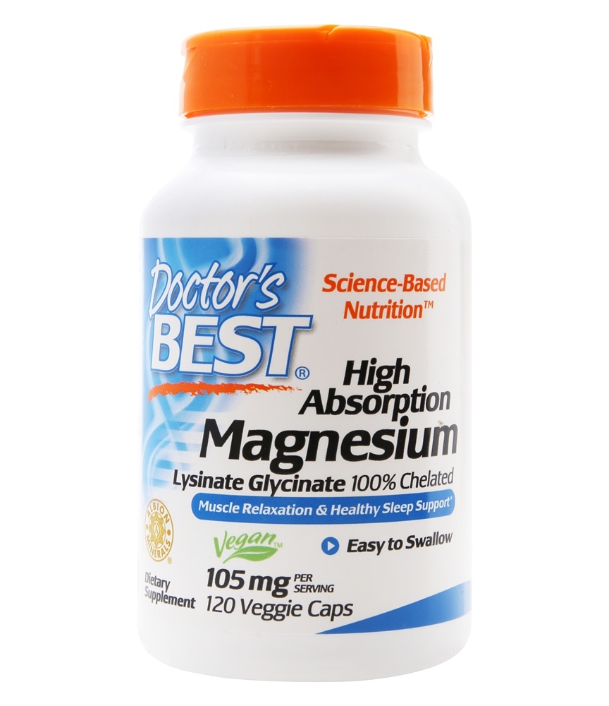 White bottle with a blue and orange label, featuring "Doctor's Best" logo, product name "High Absorption Magnesium," and details about 105 mg per serving and 120 veggie caps.