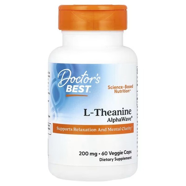 White bottle with an orange cap labeled "Doctor's Best, L-Theanine AlphaWave, 200 Mg, 60 Veg Caps," featuring blue and white design elements and a note on supporting relaxation and mental clarity.