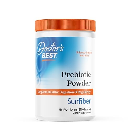 White cylindrical container with an orange lid, labeled "Doctor's Best Sunfiber Prebiotic Powder," featuring blue and orange text, 7.4 oz size, emphasizing digestive health support.