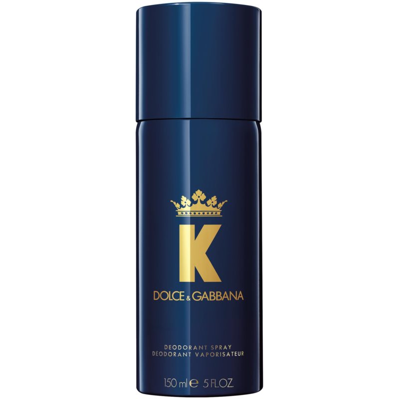 Navy blue deodorant spray canister with a gold crown logo and "DOLCE & GABBANA" text, featuring a sleek design, 150 ml capacity, and a modern, elegant look.