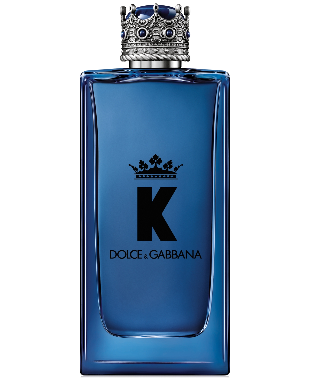 Blue glass bottle of Dolce & Gabbana K Eau De Parfum, featuring a silver crown cap and bold black lettering on the front, with a 200ml capacity.