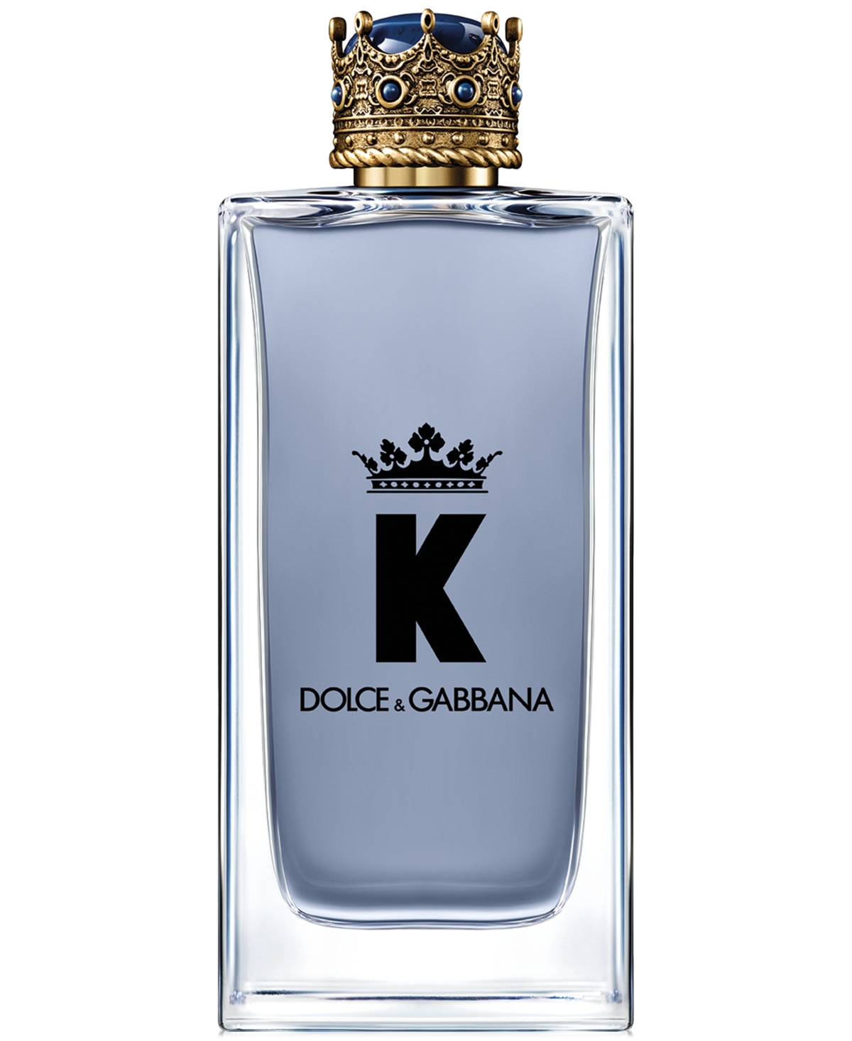 Clear glass bottle with a blue-tinted liquid, featuring a gold crown cap and the letter "K" in bold black font, alongside "DOLCE & GABBANA" in elegant lettering.