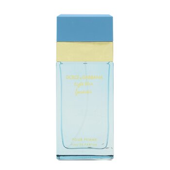 Clear glass bottle of Dolce & Gabbana Light Blue Forever Eau De Parfum for women, featuring a light blue cap and gold accents, with a label in elegant script.