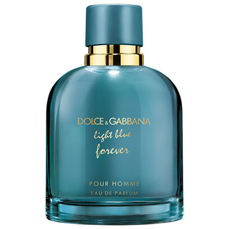 Light blue glass bottle with a rounded shape, gold accents, and a black cap, labeled "Dolce & Gabbana Light Blue Forever Pour Homme Eau De Parfum 3.3 Oz."