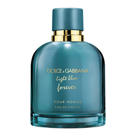 Light blue glass bottle with a gold cap, featuring "Dolce & Gabbana" and "Light Blue Forever Pour Homme" in elegant lettering, 1.6 oz Eau De Parfum.