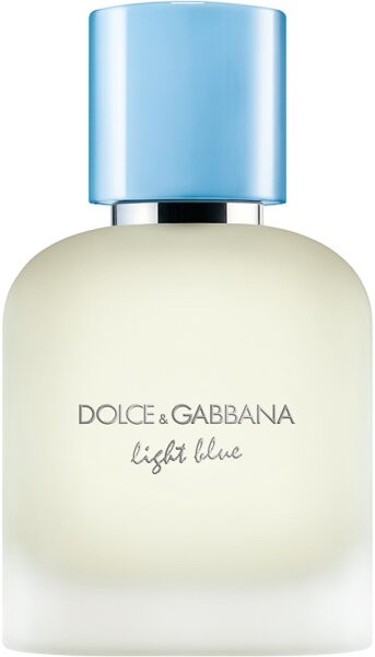 Clear glass bottle with a rounded shape, featuring a light blue cap and silver lettering that reads "DOLCE & GABBANA light blue," containing 1.7 oz of Eau De Toilette.