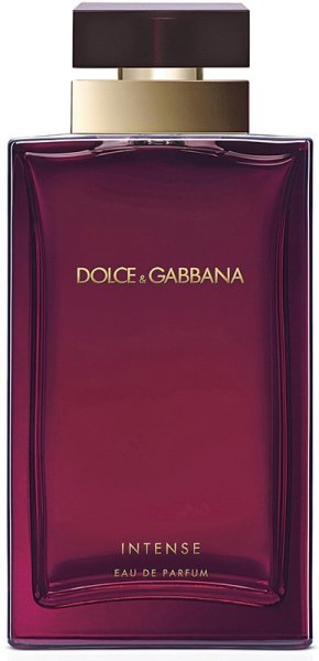 Deep purple glass bottle with a sleek rectangular shape, gold accents, and "Dolce & Gabbana Intense Eau de Parfum" text prominently displayed on the front.