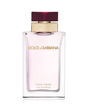 Clear glass bottle with a pink liquid, featuring a gold and burgundy cap, labeled "DOLCE & GABBANA POUR FEMME" in elegant font, 3.3 oz Eau De Parfum for women.