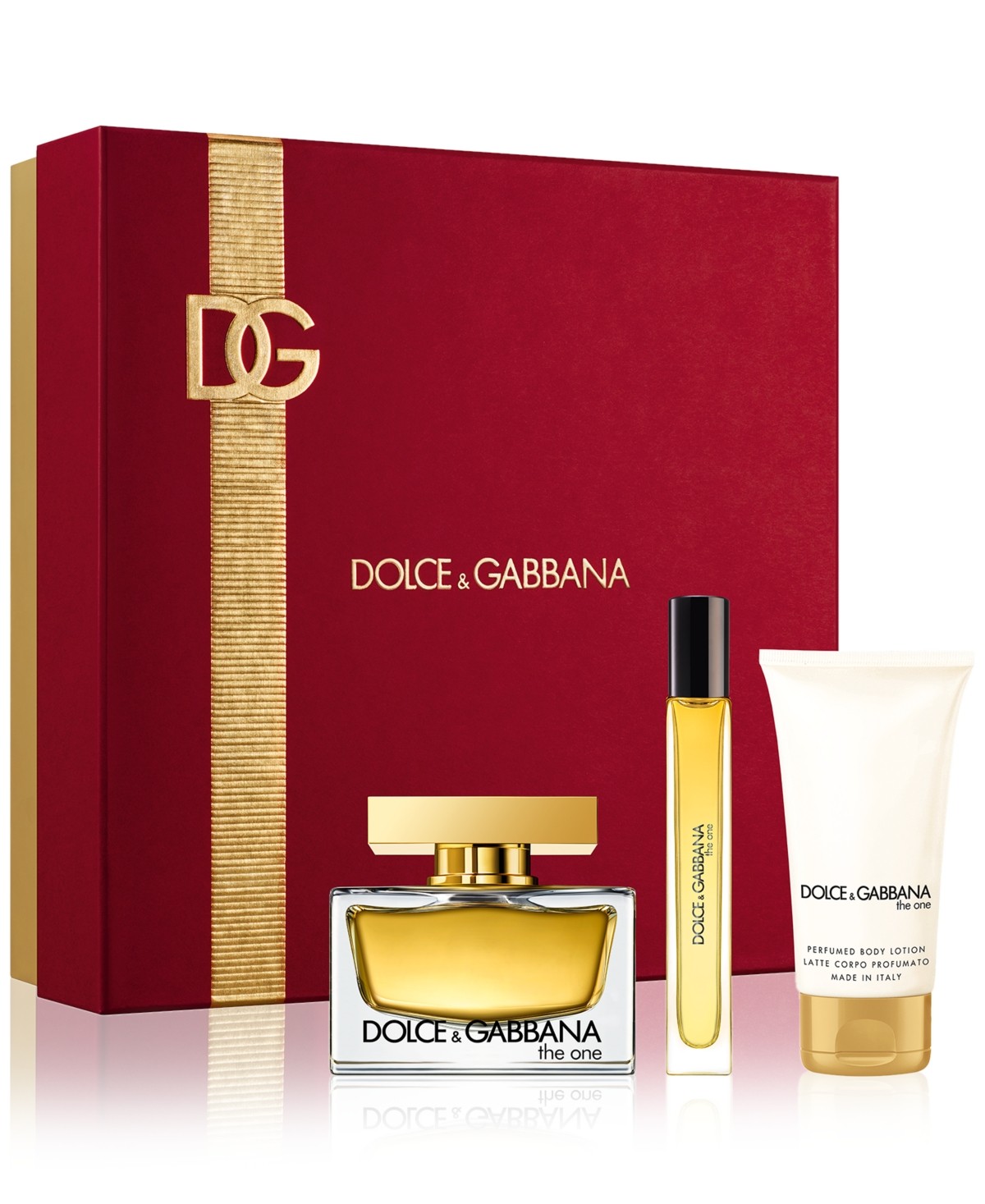Gold and clear glass perfume bottle with a rectangular shape, surrounded by a luxurious red gift box featuring a gold ribbon and embossed logo, includes a travel spray and body lotion.