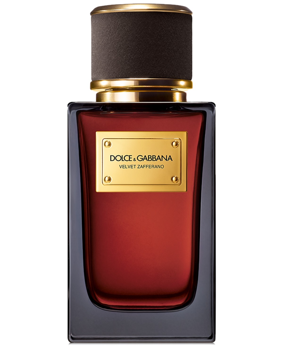 Deep amber glass bottle with a gold label and black cap, featuring the text "Dolce & Gabbana Velvet Zafferano EDP 100ml" prominently displayed.