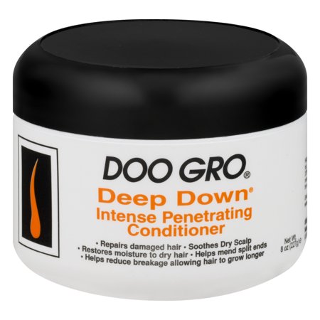 White jar with a black lid, labeled "Doo Gro Deep Down Intense Penetrating Conditioner," 8oz, designed for all hair types, featuring orange text and a logo.
