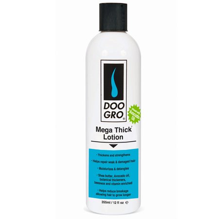 Doo Gro Mega Thick Growth Lotion in a 12oz white bottle, featuring a blue label with black text, highlighting benefits for thickening and strengthening hair.