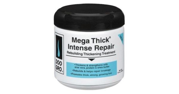 Doo Gro Mega Thick Intense Repair treatment in a 16 oz white jar with a black lid, featuring a blue label and text highlighting its thickening and rebuilding properties.