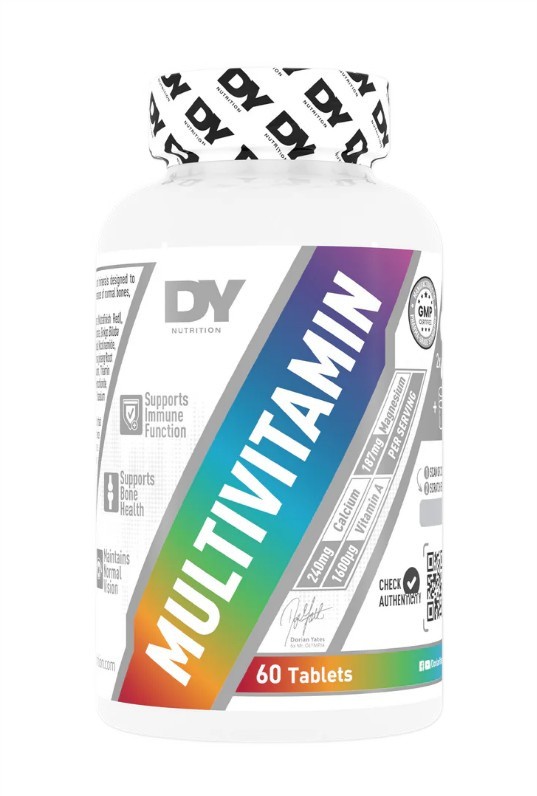 White bottle with a colorful label featuring the text "MULTIVITAMIN" and "60 Tablets," showcasing nutritional information and Dorian Yates branding on a clean, modern design.